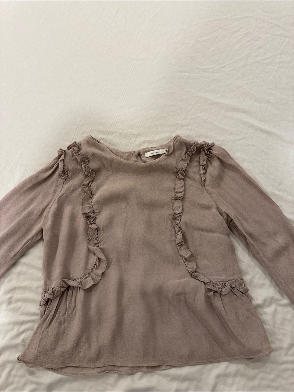 Aritzia Dusty Mauve Ruffle-Trim Long Sleeve Blouse